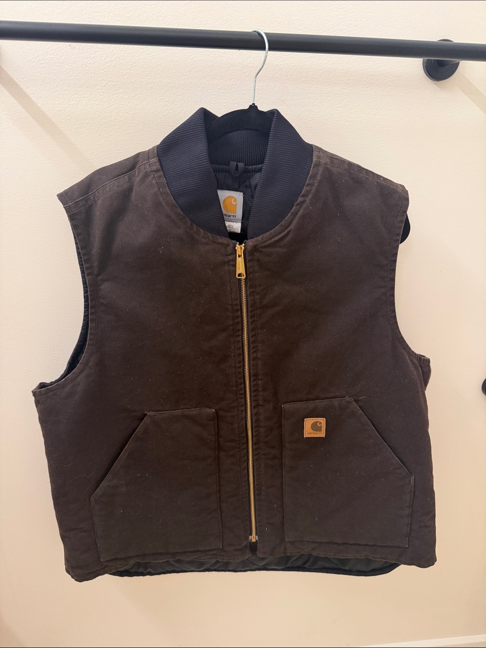 Carhartt Brown Quilted Work Vest with Rib-Knit Collar